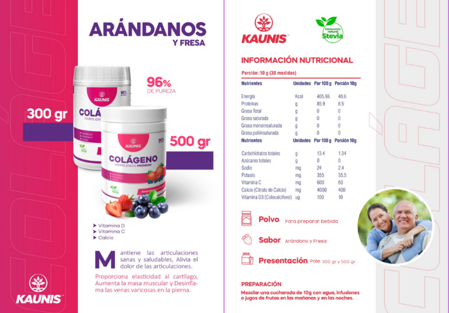 Colágeno Hidrolizado Arándano y Fresas (Vitamina D, C y Calcio) Kaunis 500g