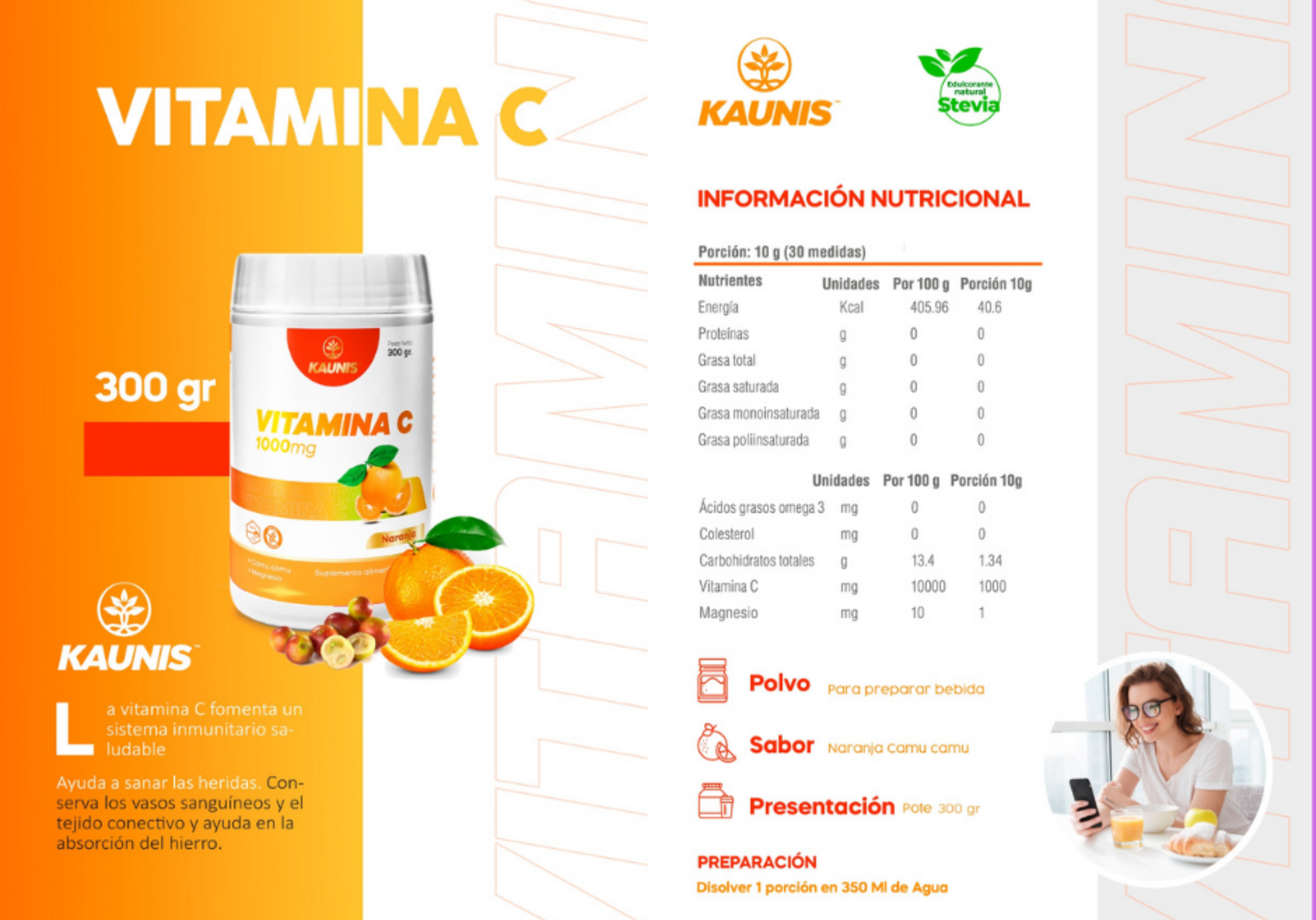 Vitamina C 1000mg sabor a Naranja Kaunis 300g