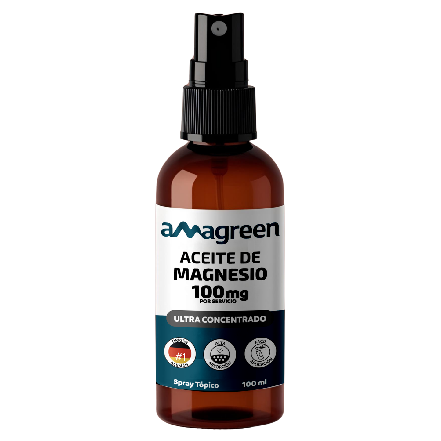 Aceite de Magnesio en Spray Alta Concentración Amagreen 100 ml, Relajación y Recuperación Muscular, origen alemán