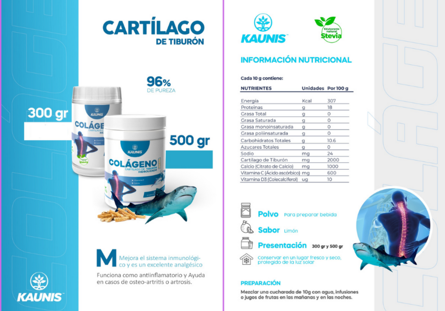 Colágeno Hidrolizado Premium con Cartilago de Tiburon (Vitamina C y Calcio) Kaunis 500g
