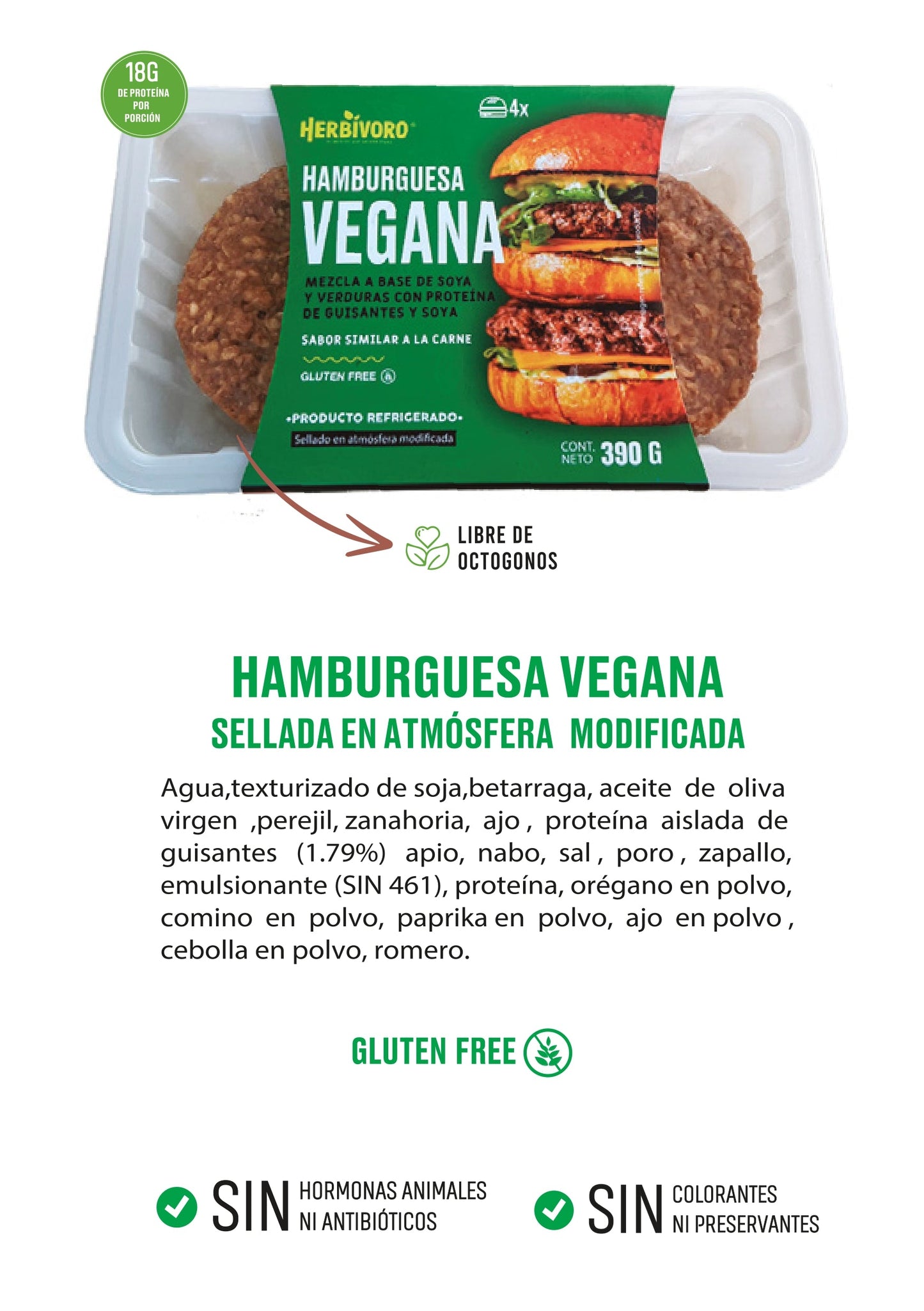 Hamburguesa vegana sabor carne atmosfera modificada Herbivoro 4 und (390g)