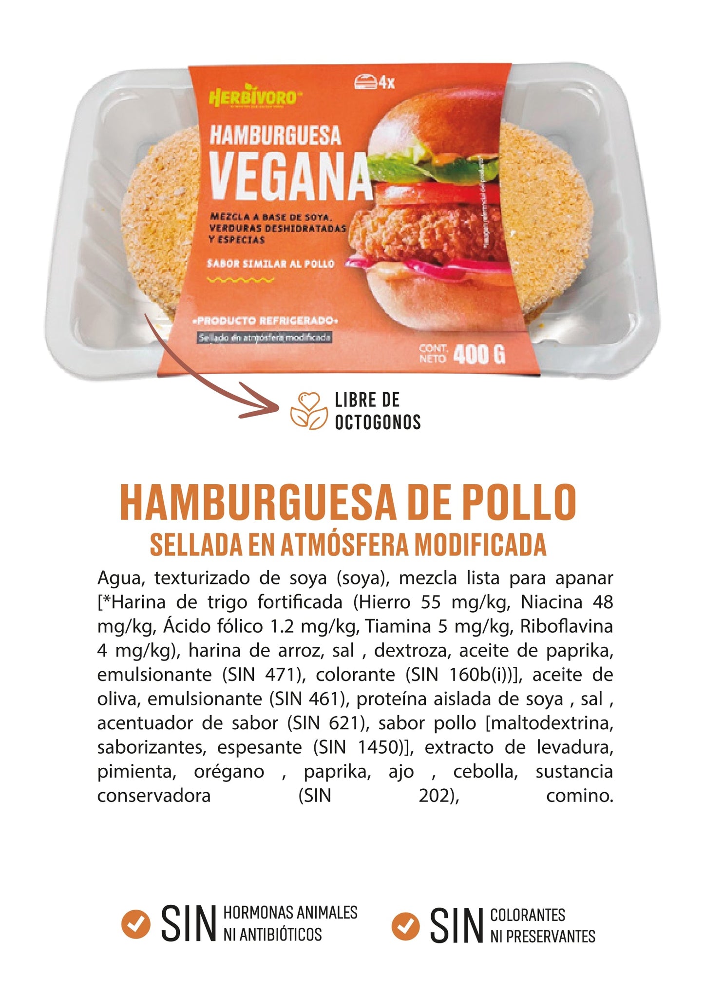 Hamburguesa vegana sabor pollo atmósfera modificada Herbivoro 400g