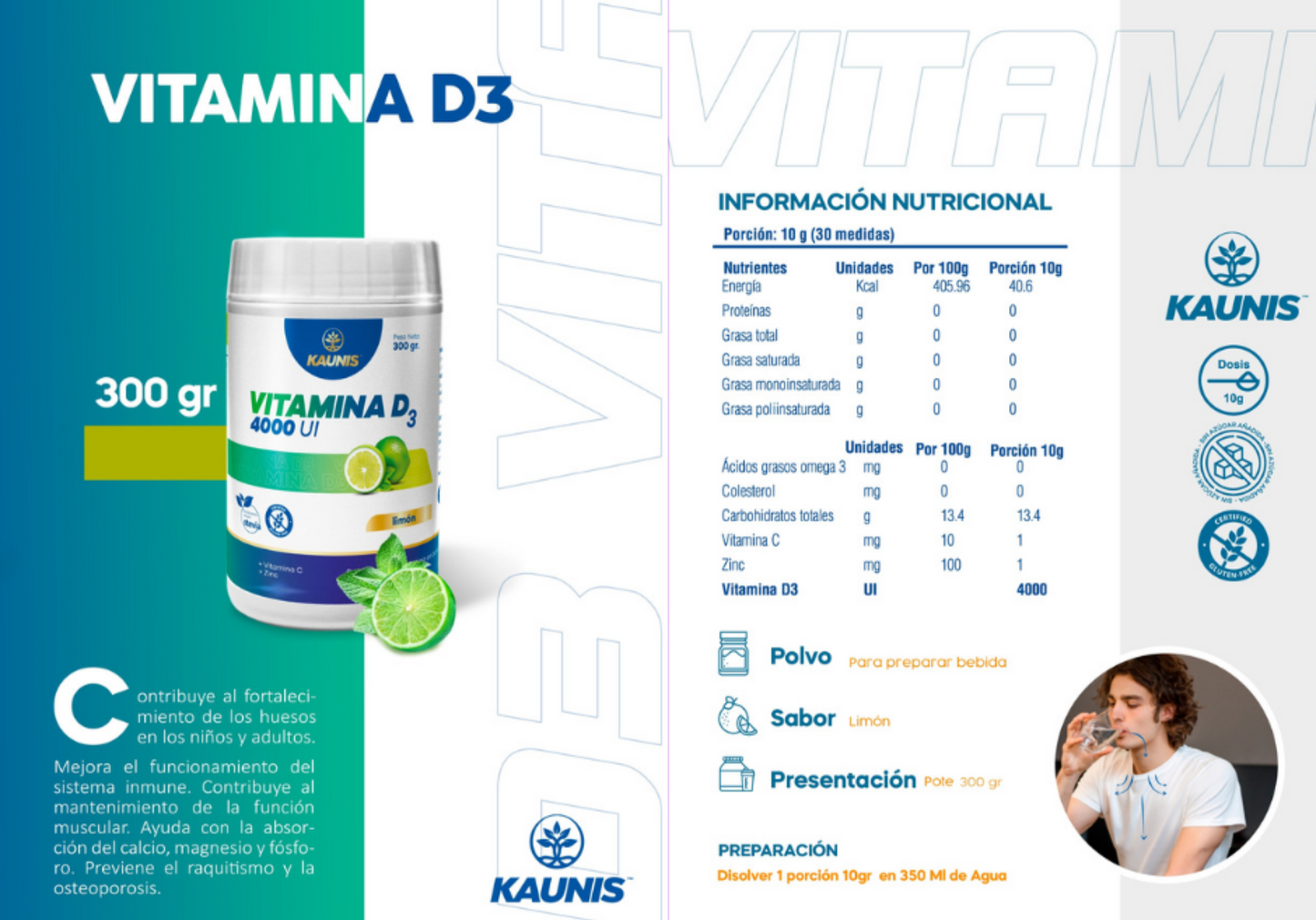 Vitamina D3 4000ui sabor a Limón Kaunis 300g
