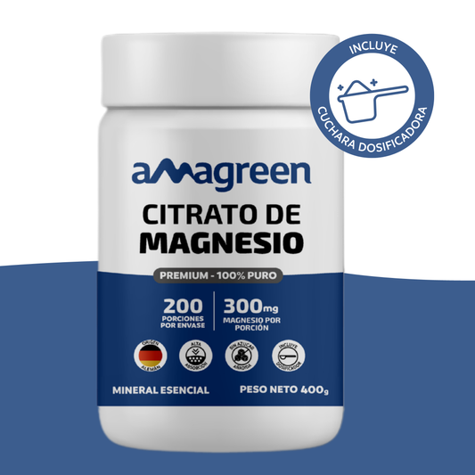 Citrato de Magnesio Premium 100% Puro Amagreen 400g, sin sabor, origen alemán