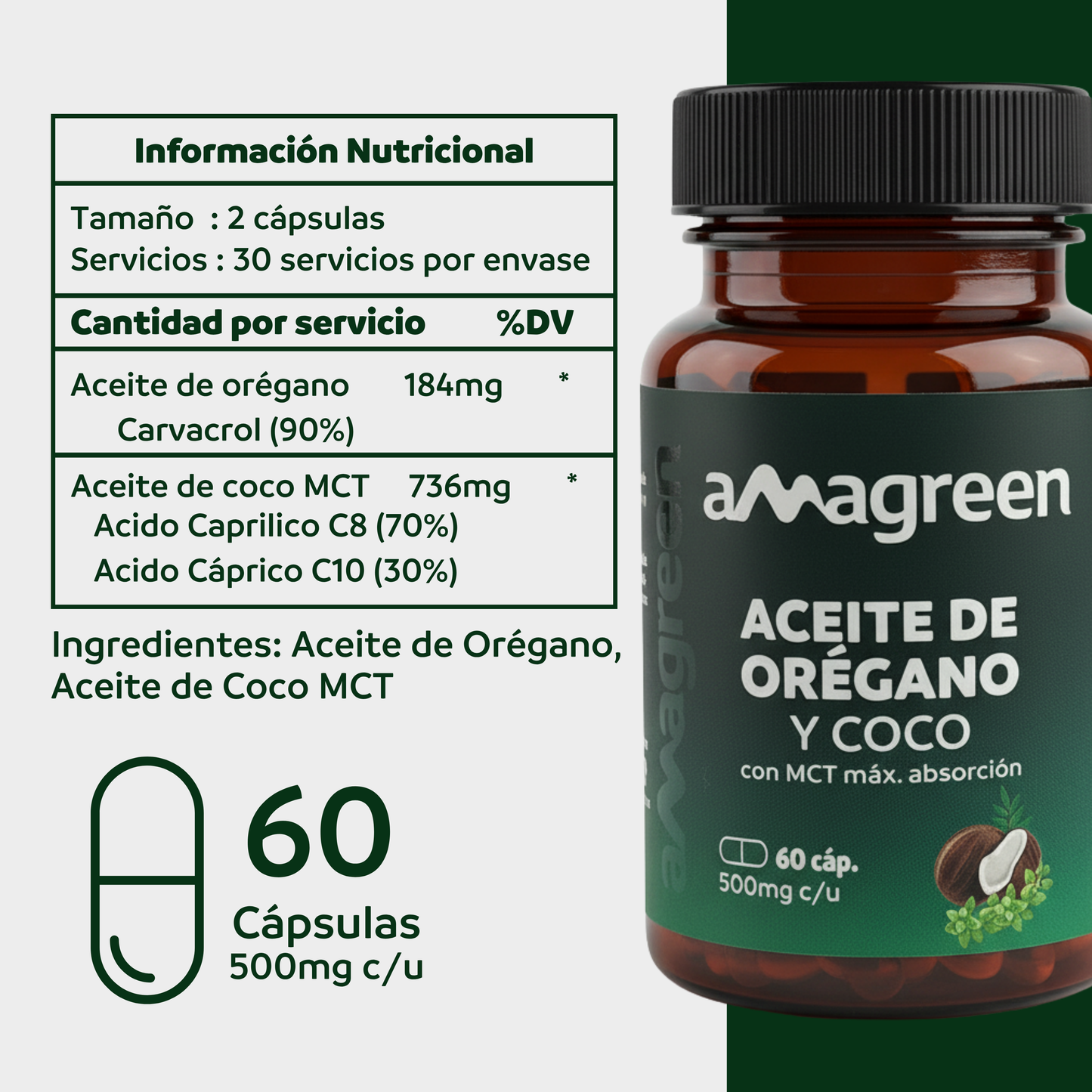 Aceite de Orégano y Aceite de Coco MCT en Cápsulas 60 unidades | formula 2 en 1