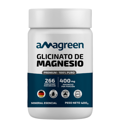 Glicinato de Magnesio (Bisglicinato) Premium 100% Puro Amagreen 400g, Alta biodisponibilidad, origen alemán