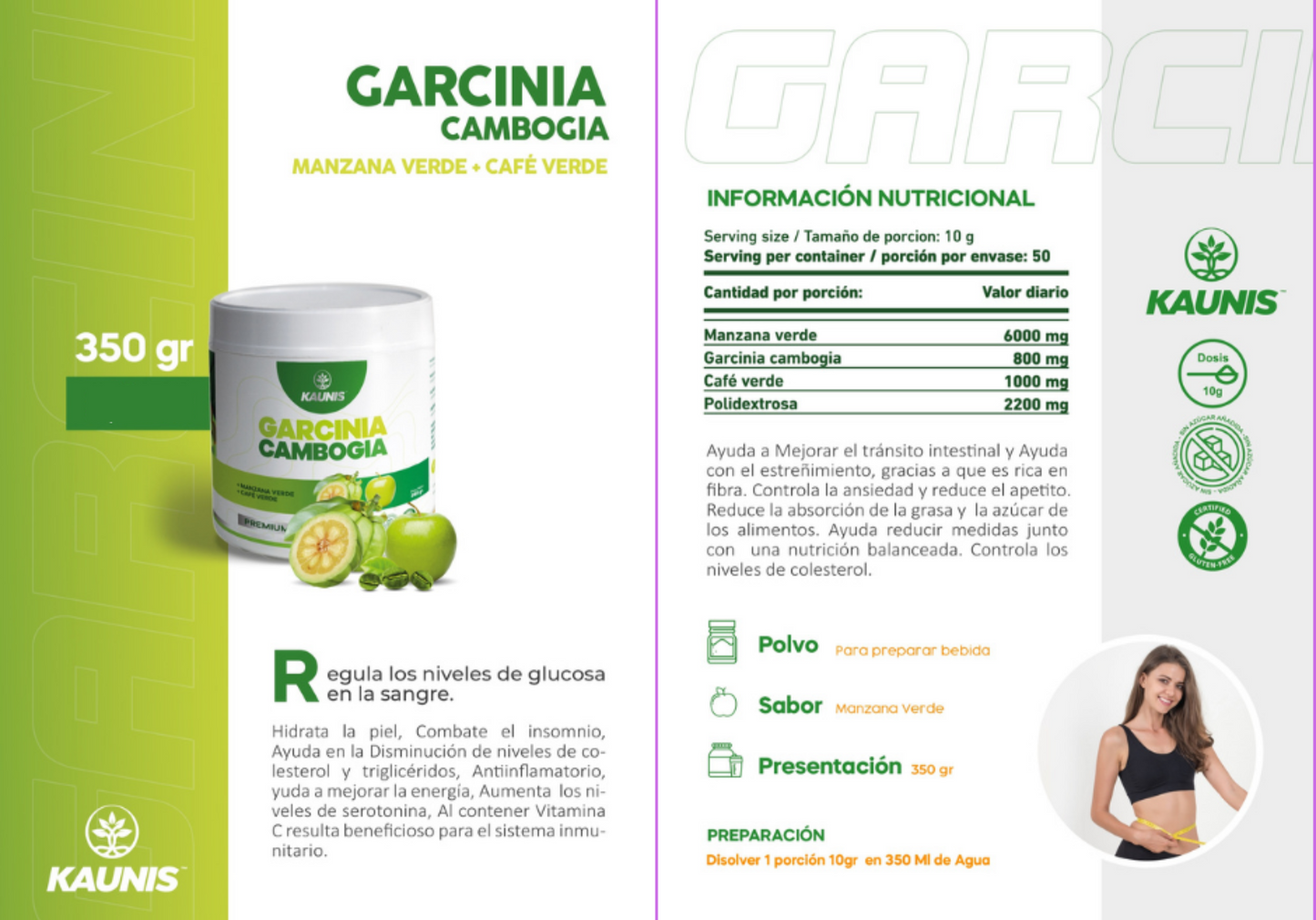 Fibra de Manzana Verde, Café verde y Garcinia cambogia Kaunis 500g