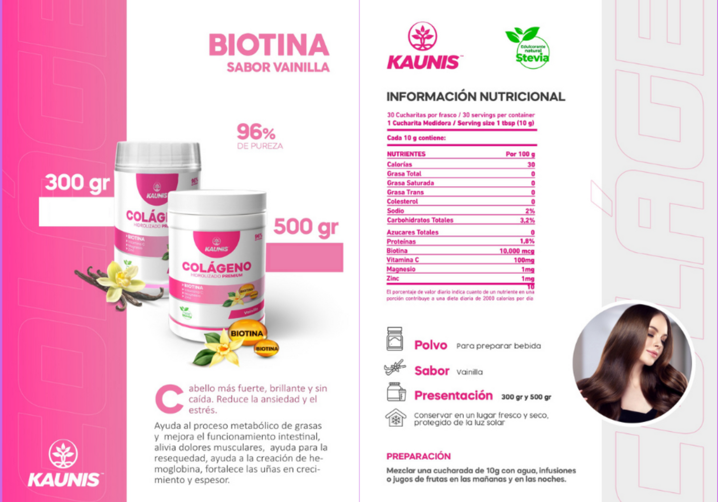 Colágeno Hidrolizado Premiun Biotina sabor Vainilla Kaunis 300g
