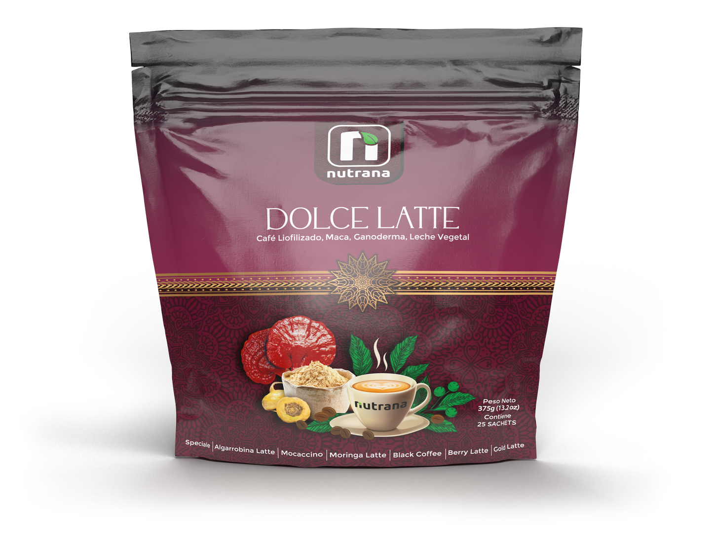 Dolce Latte Café, Maca, Ganoderma y Leche Vegetal Nutrana 375g (25 Sachets)