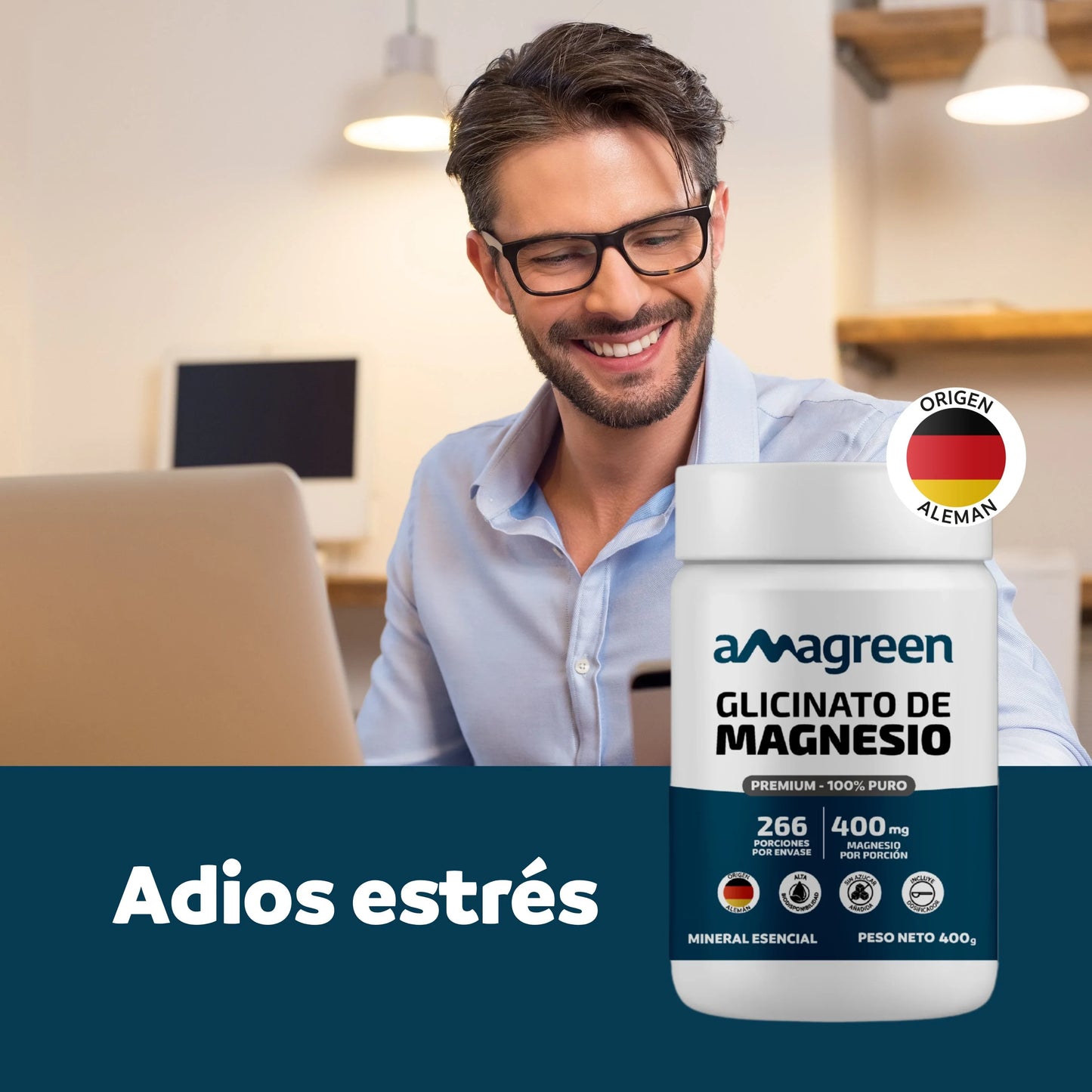 Glicinato de Magnesio (Bisglicinato) Premium 100% Puro Amagreen 400g, Alta biodisponibilidad, origen alemán