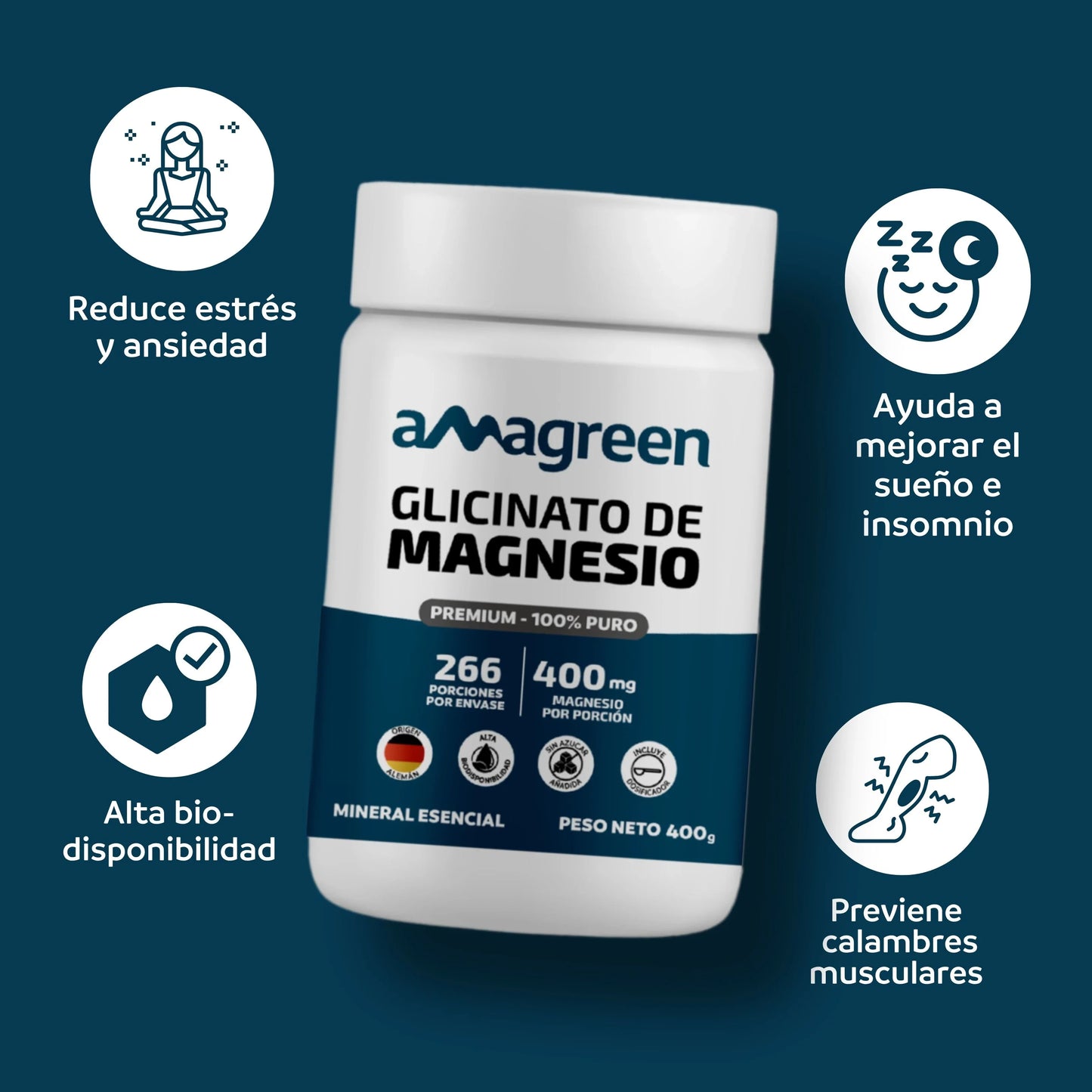 Glicinato de Magnesio (Bisglicinato) Premium 100% Puro Amagreen 400g, Alta biodisponibilidad, origen alemán