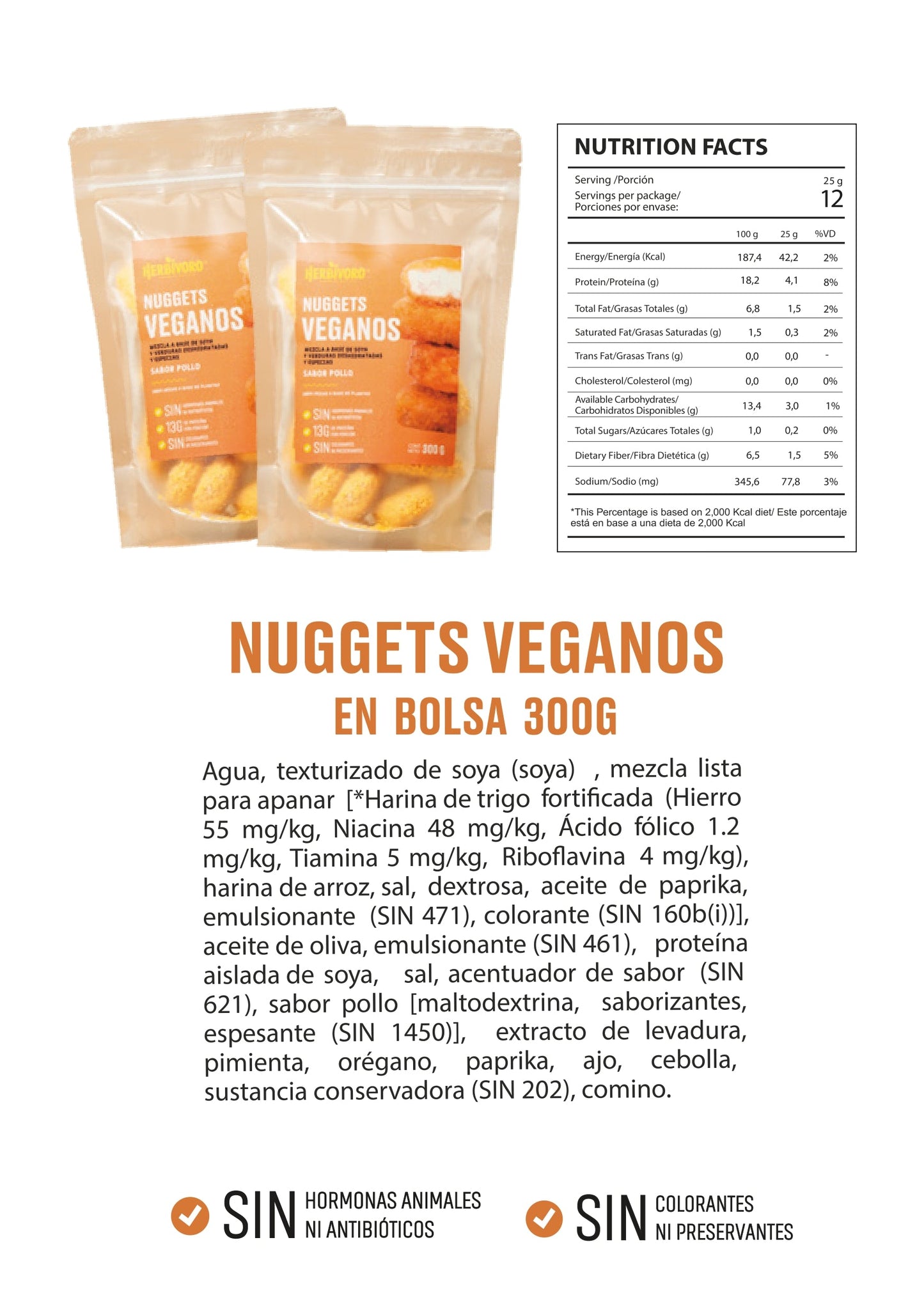 Nuggets vegano sabor pollo congelado Herbivoro Bolsa 300g